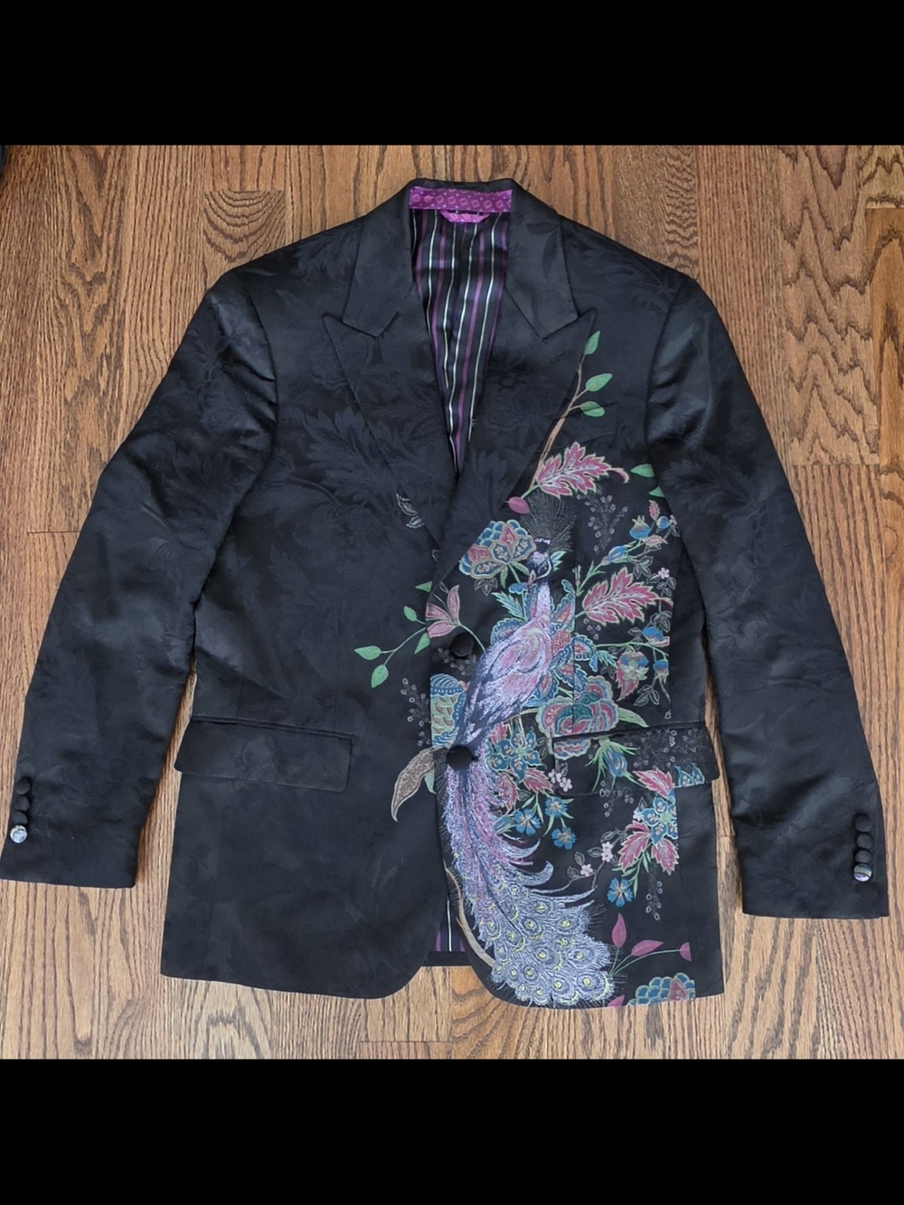 Black Men's ETRO Blazer with Colorful Peacock Floral Embroidery